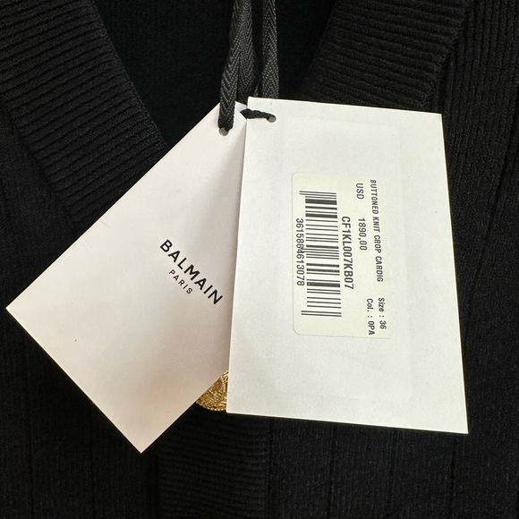 Balmain V-Neck Crop Pointelle Rib Cardigan in Black - Picture 5 of 7